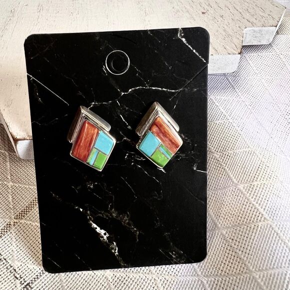 VTG A Francisco Native Navajo Spiny Oyster Turquoise Sterling Vintage Earrings - Picture 8 of 10